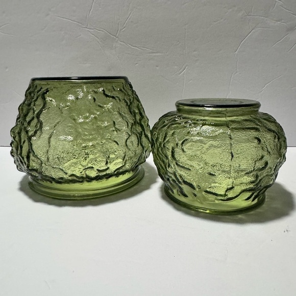Vintage EO Brody Co. Olive Glass Crinkle Textured Vase Planters - Picture 3 of 9